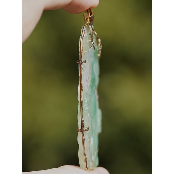 Antique 14k Solid Gold Natural Untreated Jadeite Jade & Diamond Pendant 28g - Picture 7 of 14